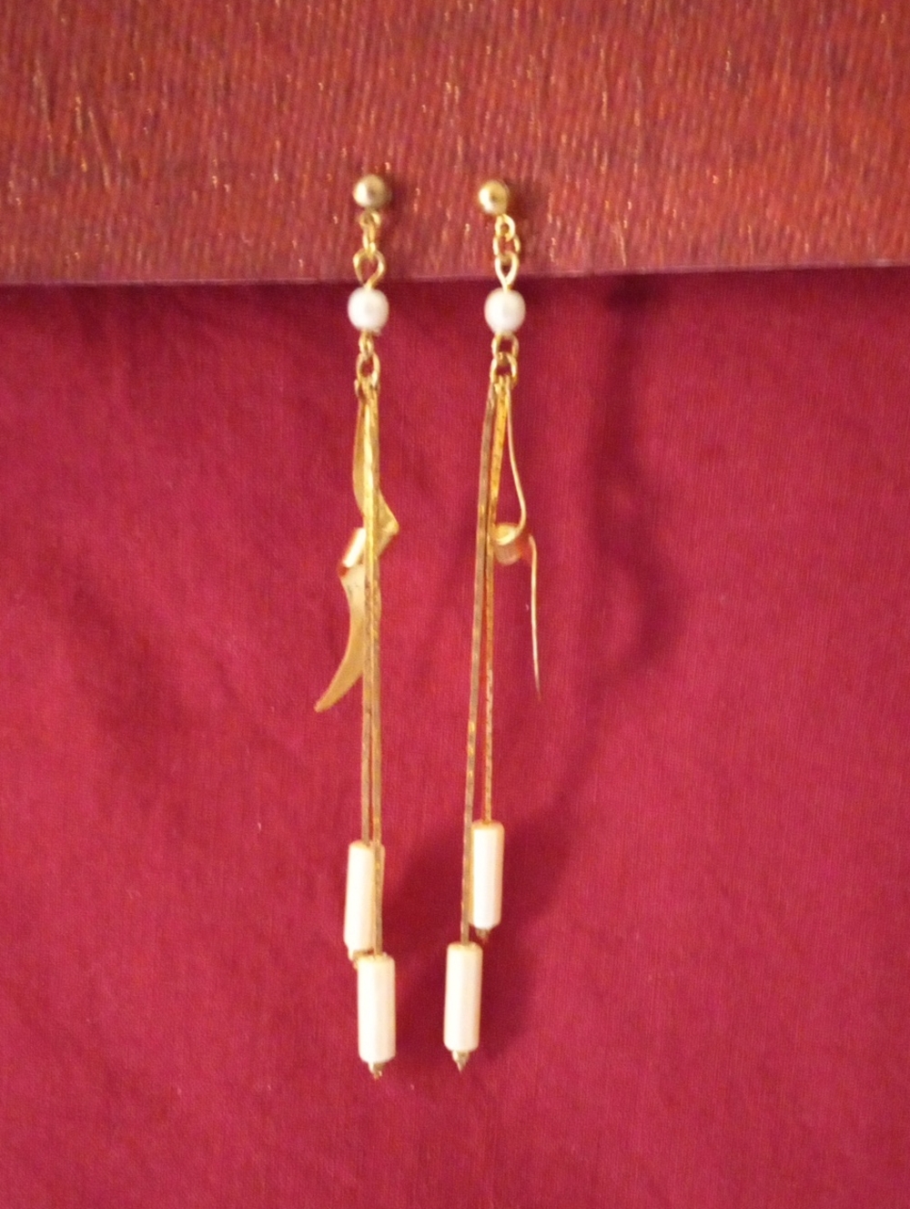 Vintage Boho Gold Long Dangle Drop Earrings with Faux Pearl & White Tube Beads